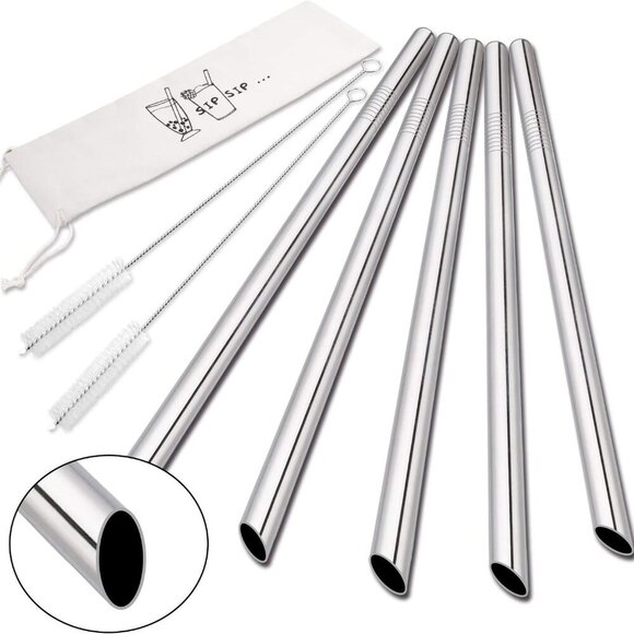 Other - 5 Pcs 10" Reusable Bubble Tea & Smoothie Straws, Stainless Steel, Angled Tips, 0